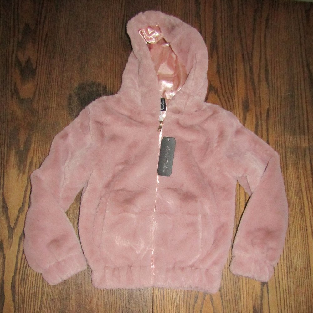 Girls mauve pink plush faux fur hooded winter jacket size 4
